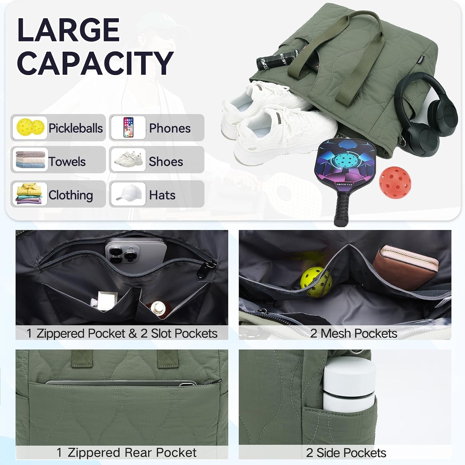 Pickleball Tote Bags for Women with Fence Hook, Quilted Puffer Pickleball Paddle Holder Case Gym/Sports Tote