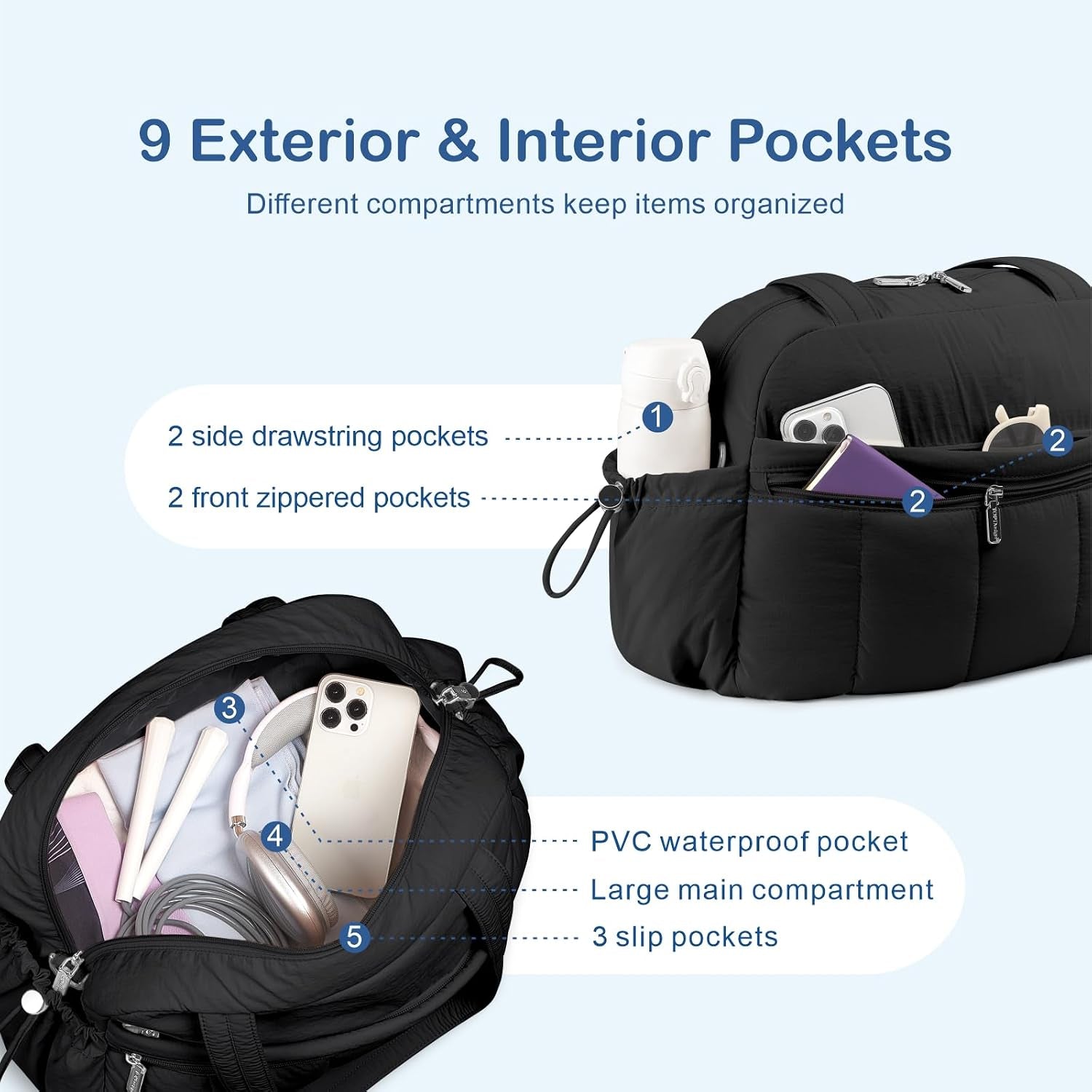 Travel Duffel Bag for Women, Puffer Gym Bag Sports Tote with Wet Pocket, Carry on Weekender with Luggage Sleeve (Black)