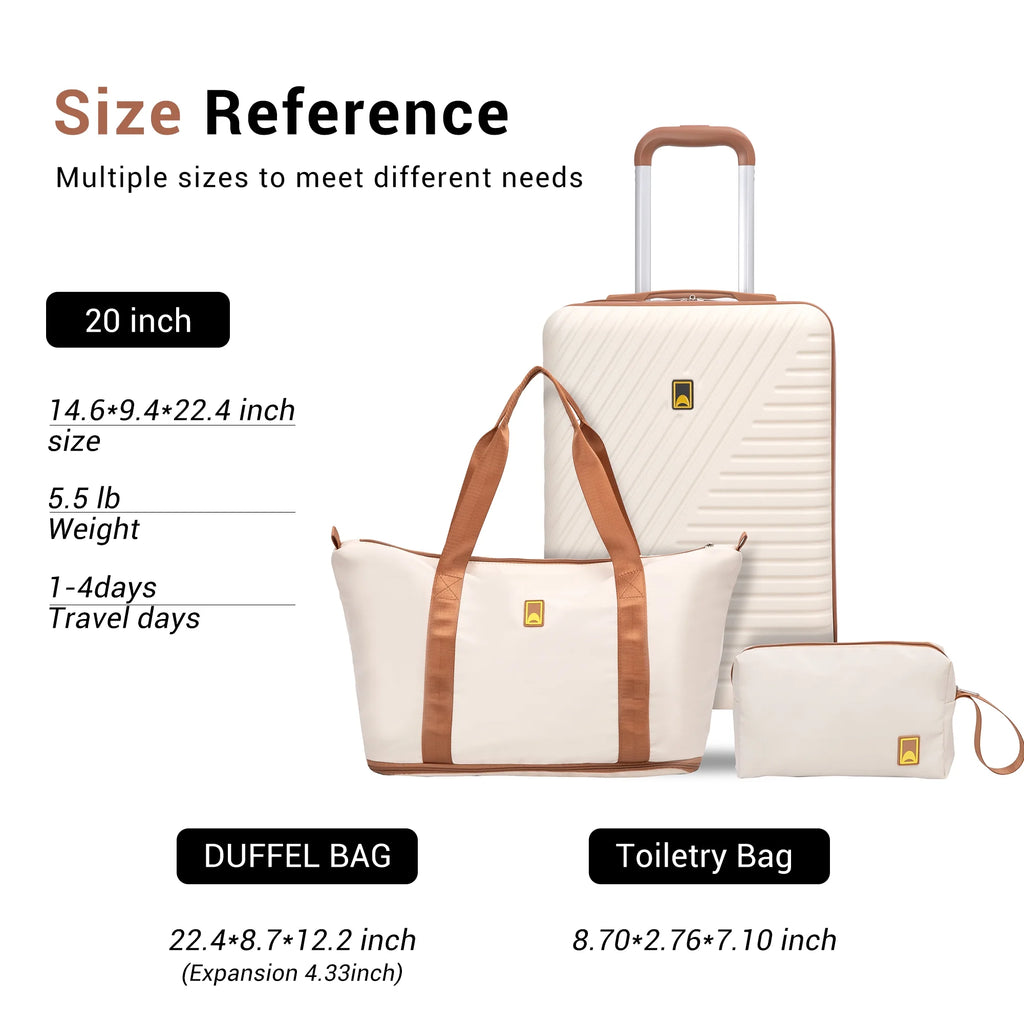 3 Piece Carry on Luggage Sets, Hardside Suitcase Set with Double Spinner Wheels, Expandable Travel Bag and Toiletry Bag, White