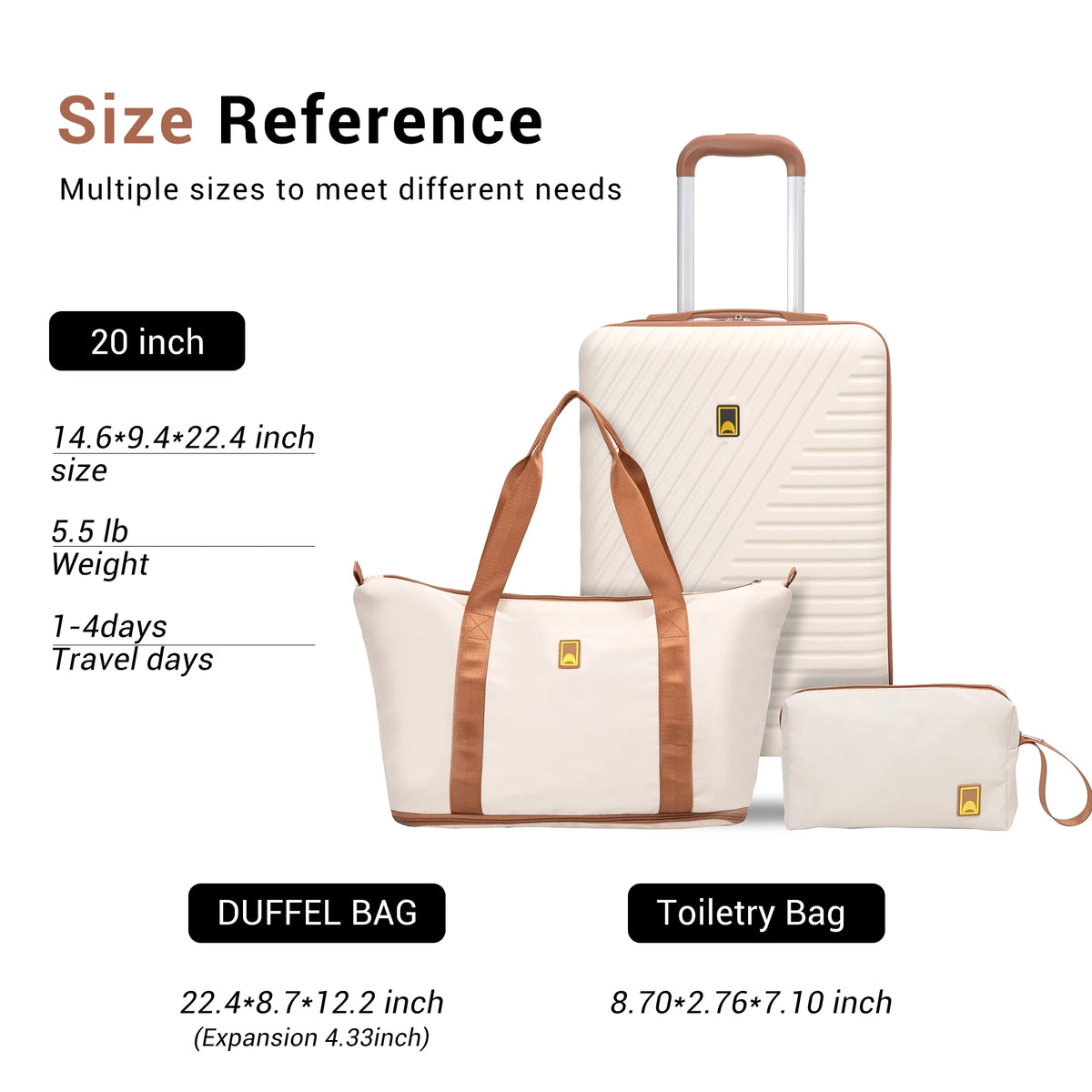 3 Piece Carry on Luggage Sets, Hardside Suitcase Set with Double Spinner Wheels, Expandable Travel Bag and Toiletry Bag, White