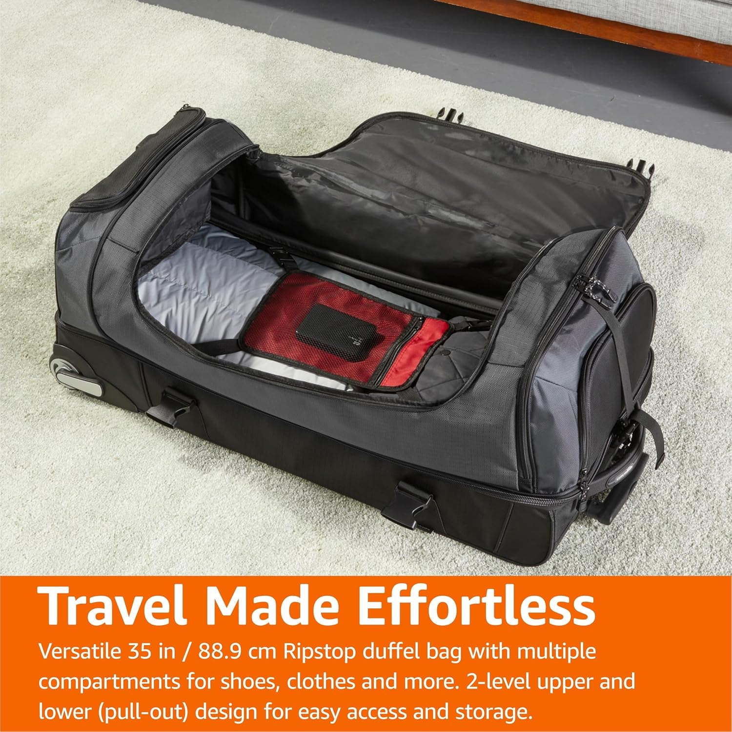 35-Inch Large Rolling Duffel Bag with Wheels and Handle, Travel Duffle with Durable Ripstop Polyester Material, 2 Layers of Storage Space, Multiple Interior and Exterior Pockets, Black