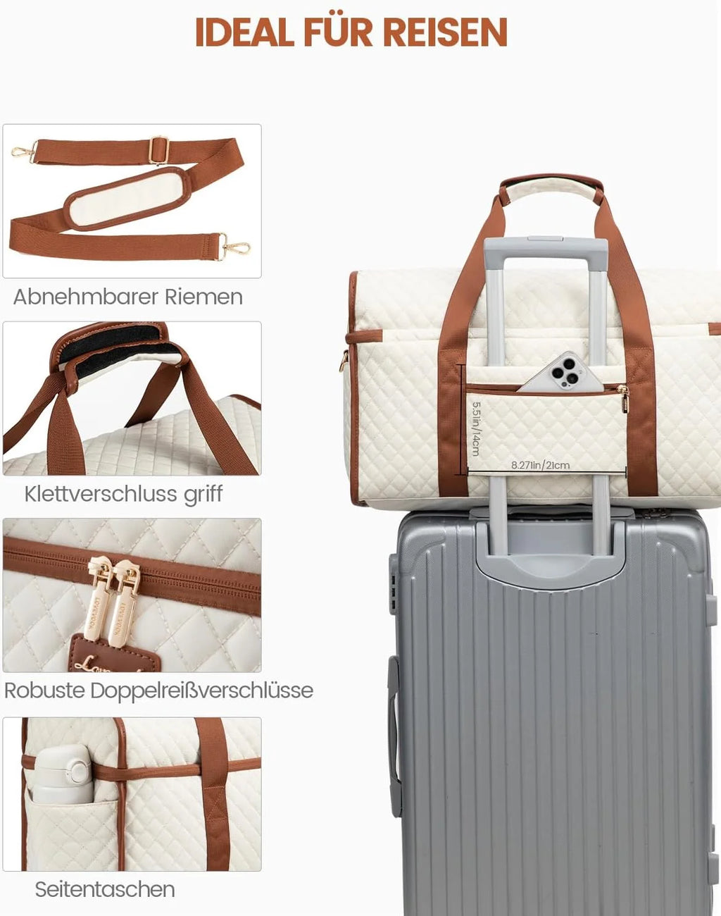 Travel Duffle Bag, Quilted Weekender Overnight Bag with Toiletry Bag, Gym Beach Mummy Hospital Bag with Wet Pocket