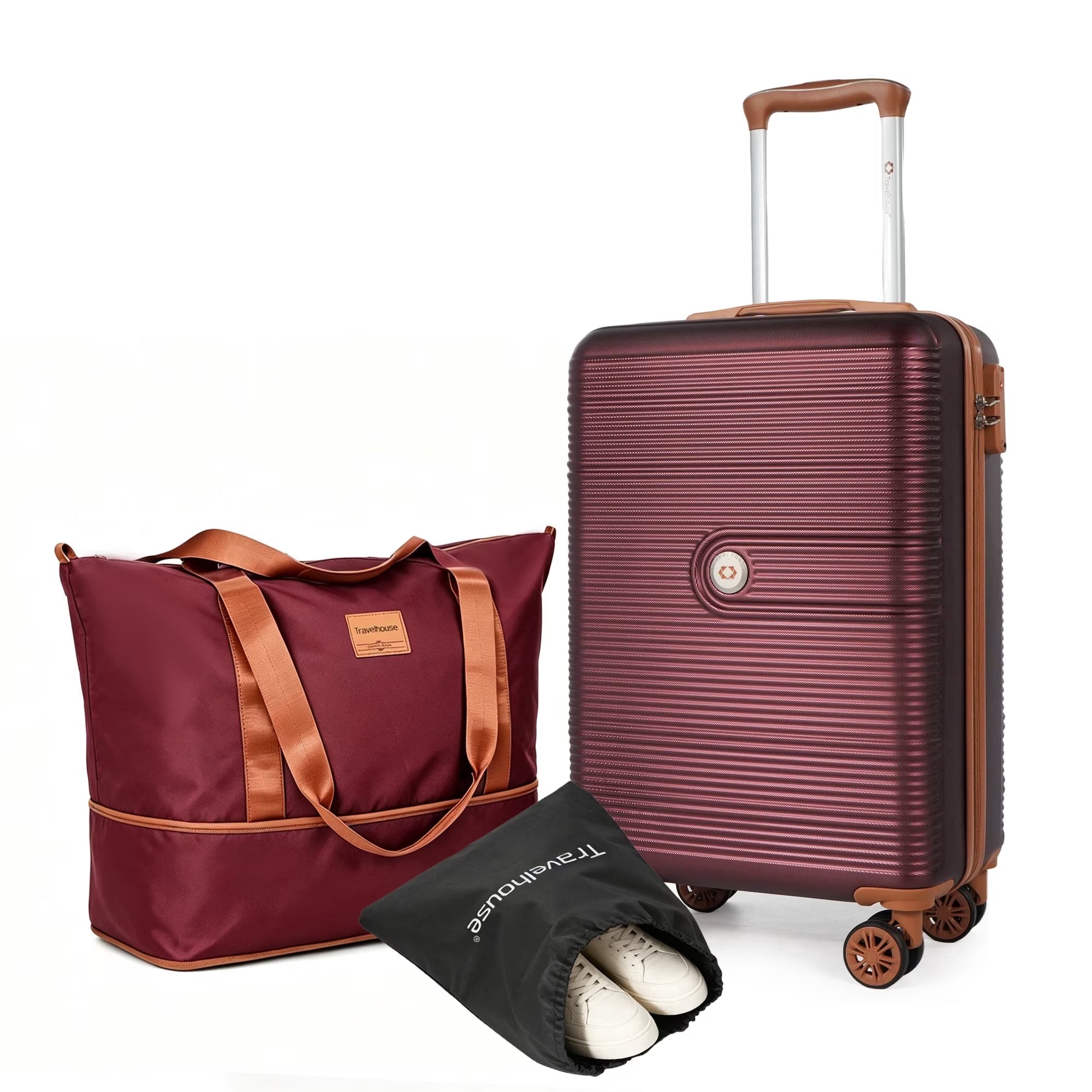 3-Piece Hardside Spinner Carry on Luggage Set with TSA Lock and Travel Bag, Wine Red