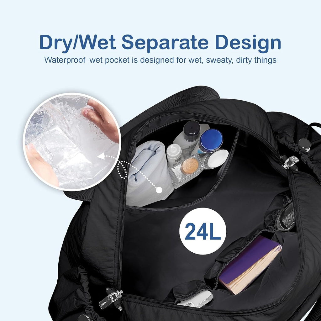 Travel Duffel Bag for Women, Puffer Gym Bag Sports Tote with Wet Pocket, Carry on Weekender with Luggage Sleeve (Black)