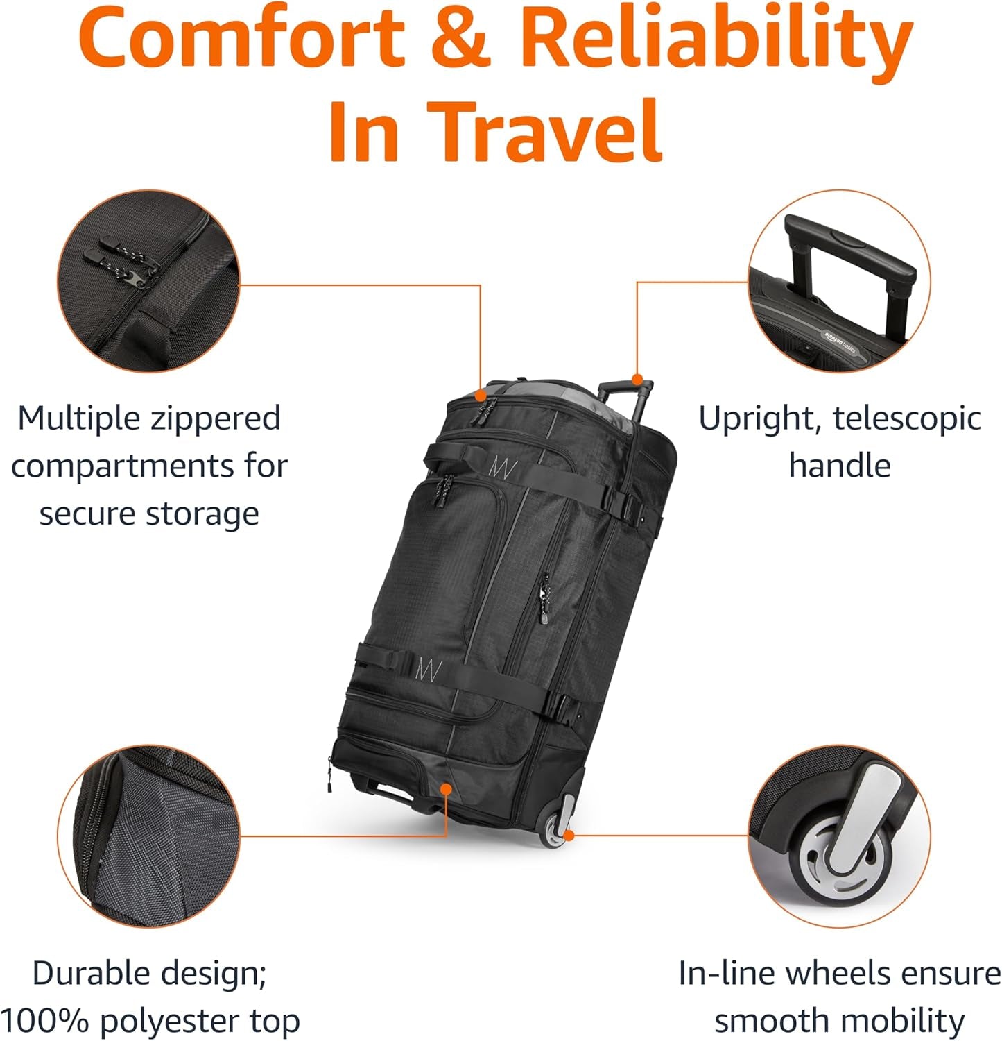 35-Inch Large Rolling Duffel Bag with Wheels and Handle, Travel Duffle with Durable Ripstop Polyester Material, 2 Layers of Storage Space, Multiple Interior and Exterior Pockets, Black