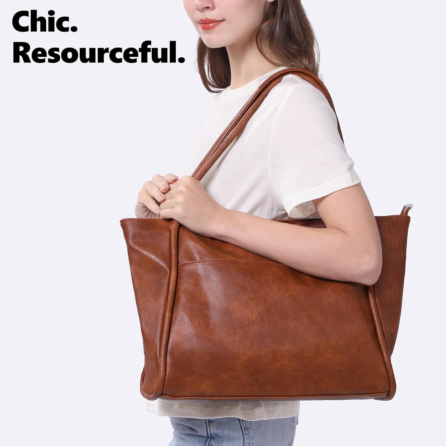 Vegan Leather Tote Bag for Women Large Purse for Work Lady Handbag | Fits 15.6Inch Laptop ,Zipper, Multi Pockets,Weekender Bag with Key Clip ,Inner Pockets, for Commute Daily, Travel