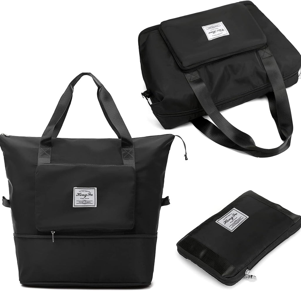 Travel Bag for Women Expandable Weekender Overnight Bag Carry on Sports Tote Gym Bag Waterproof Foldable Duffel Bag (Black)
