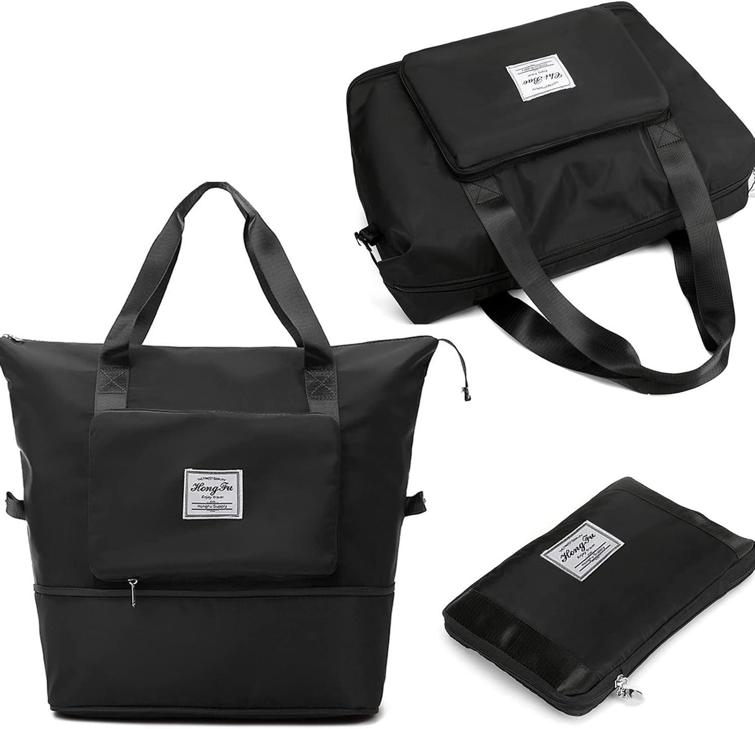 Travel Bag for Women Expandable Weekender Overnight Bag Carry on Sports Tote Gym Bag Waterproof Foldable Duffel Bag (Black)