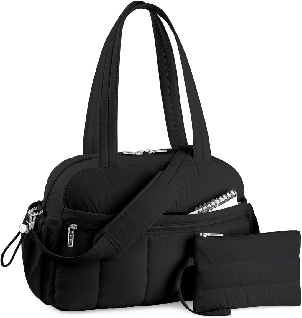 Travel Duffel Bag for Women, Puffer Gym Bag Sports Tote with Wet Pocket, Carry on Weekender with Luggage Sleeve (Black)