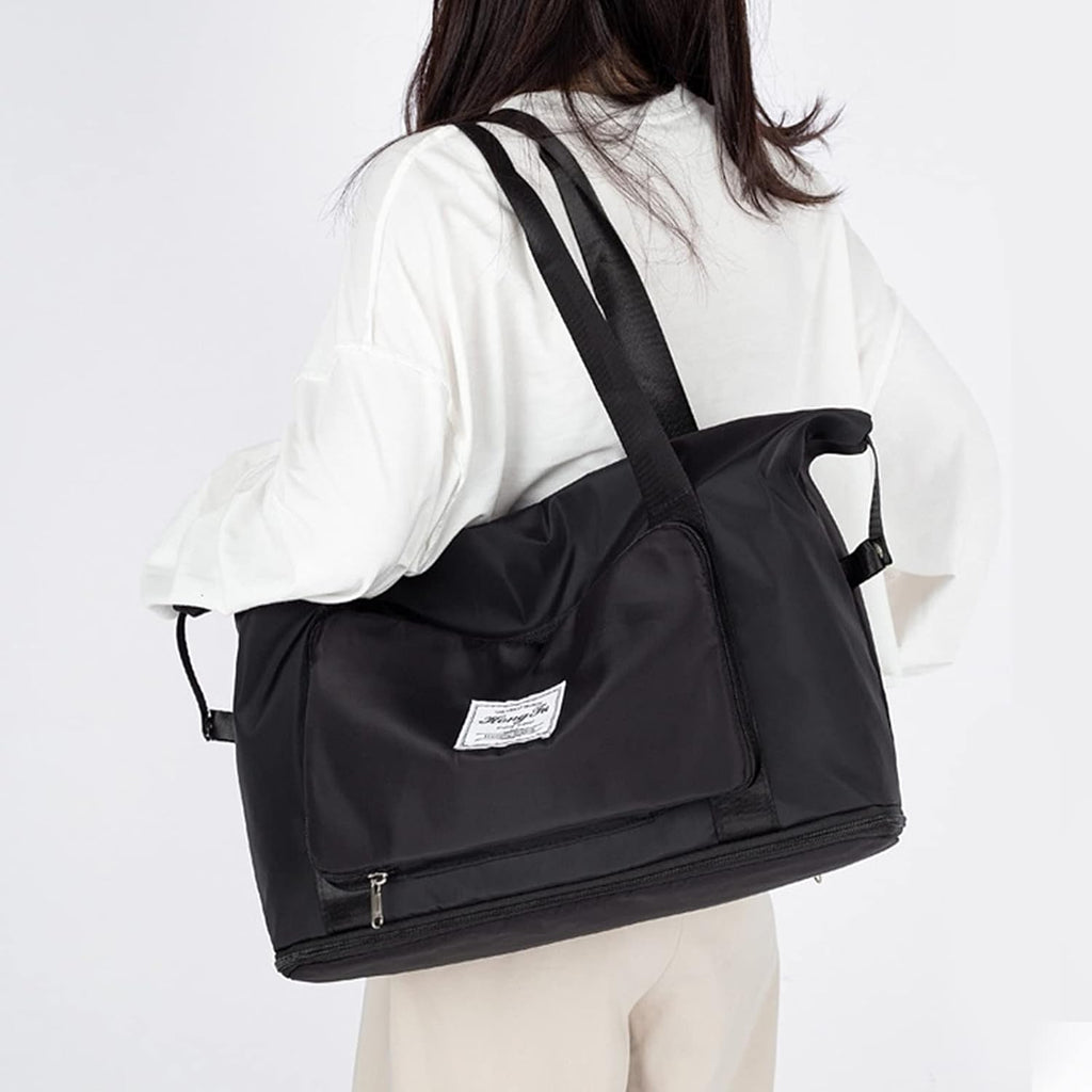 Travel Bag for Women Expandable Weekender Overnight Bag Carry on Sports Tote Gym Bag Waterproof Foldable Duffel Bag (Black)