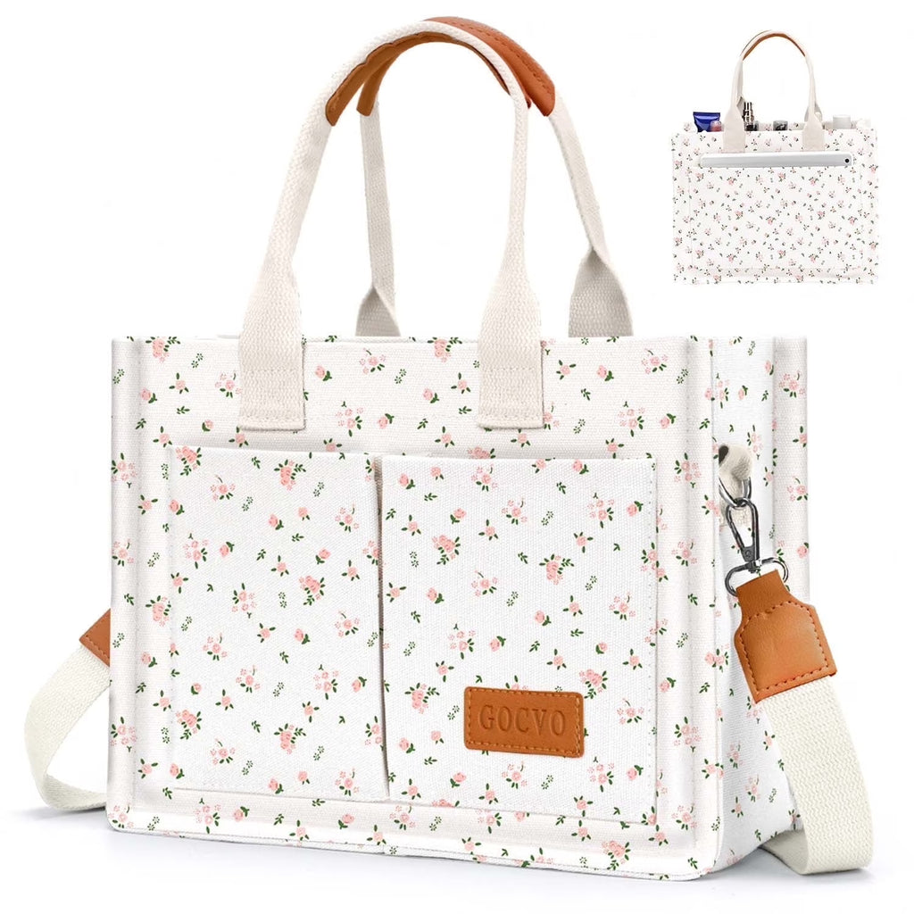 Canvas Tote Bag for Women, Large Multi-Pocket Shoulder Handbag, Crossbody Messenger Bag, Pink Flower