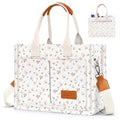Canvas Tote Bag for Women, Large Multi-Pocket Shoulder Handbag, Crossbody Messenger Bag, Pink Flower