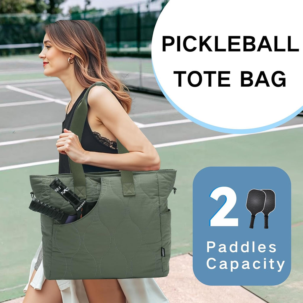 Pickleball Tote Bags for Women with Fence Hook, Quilted Puffer Pickleball Paddle Holder Case Gym/Sports Tote