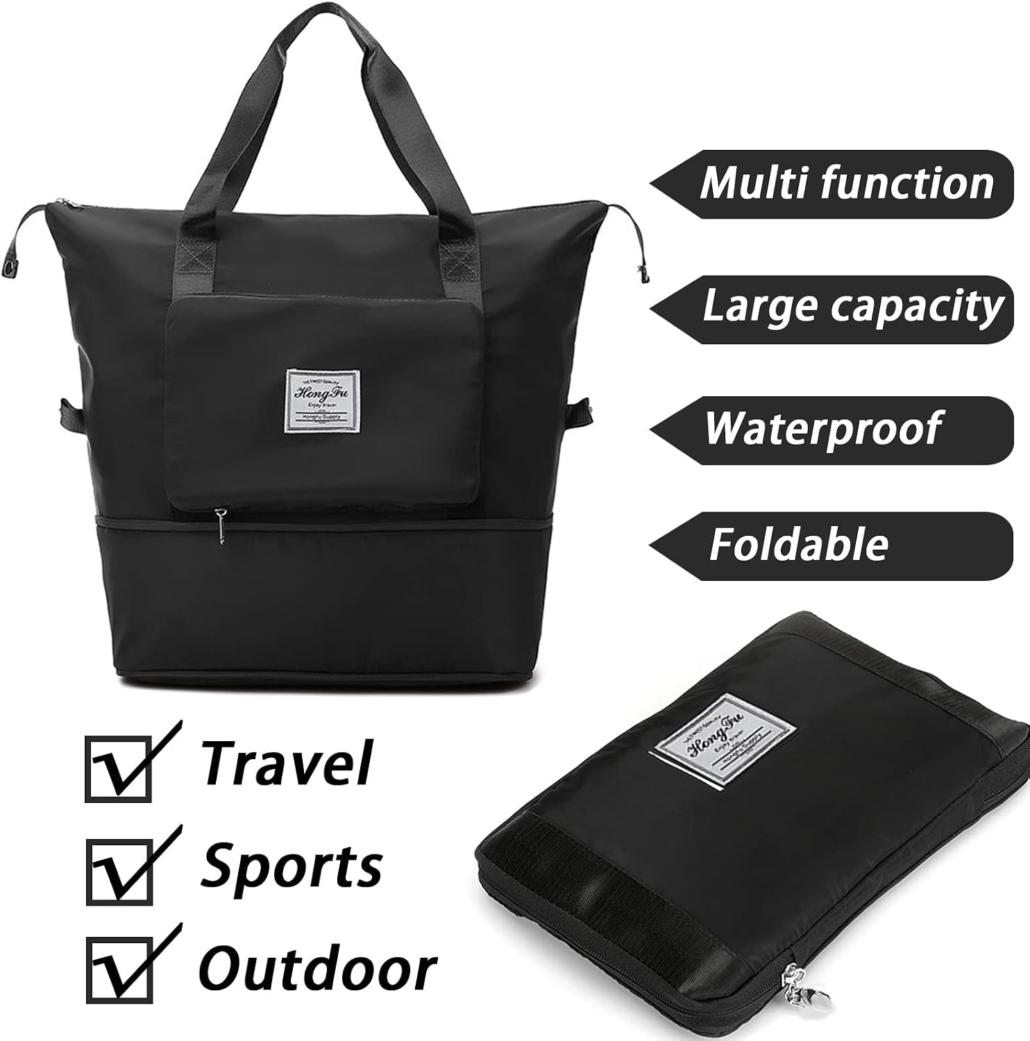 Travel Bag for Women Expandable Weekender Overnight Bag Carry on Sports Tote Gym Bag Waterproof Foldable Duffel Bag (Black)