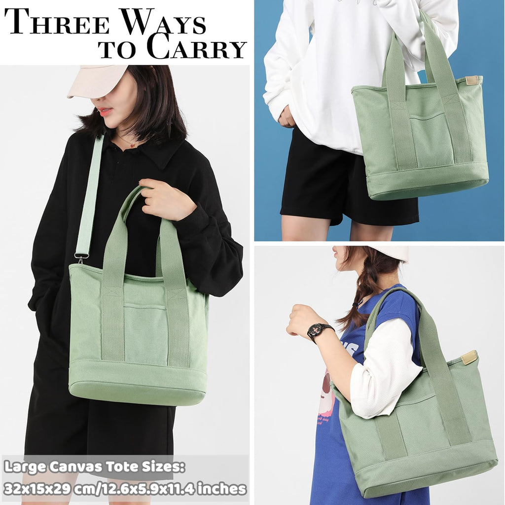 Canvas Tote Bag for Women,Small Totes Bags with Zipper Crossbody Purse with Pockets Large Shoulder Handbag,2 Sizes