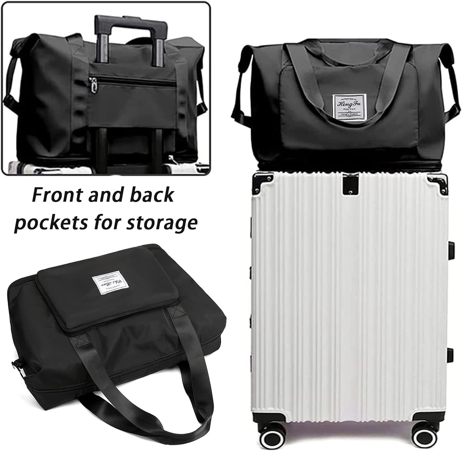 Travel Bag for Women Expandable Weekender Overnight Bag Carry on Sports Tote Gym Bag Waterproof Foldable Duffel Bag (Black)