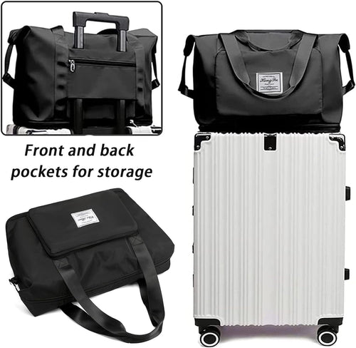 Travel Bag for Women Expandable Weekender Overnight Bag Carry on Sports Tote Gym Bag Waterproof Foldable Duffel Bag (Black)