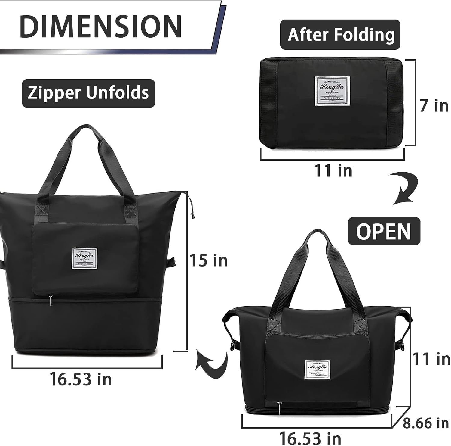 Travel Bag for Women Expandable Weekender Overnight Bag Carry on Sports Tote Gym Bag Waterproof Foldable Duffel Bag (Black)