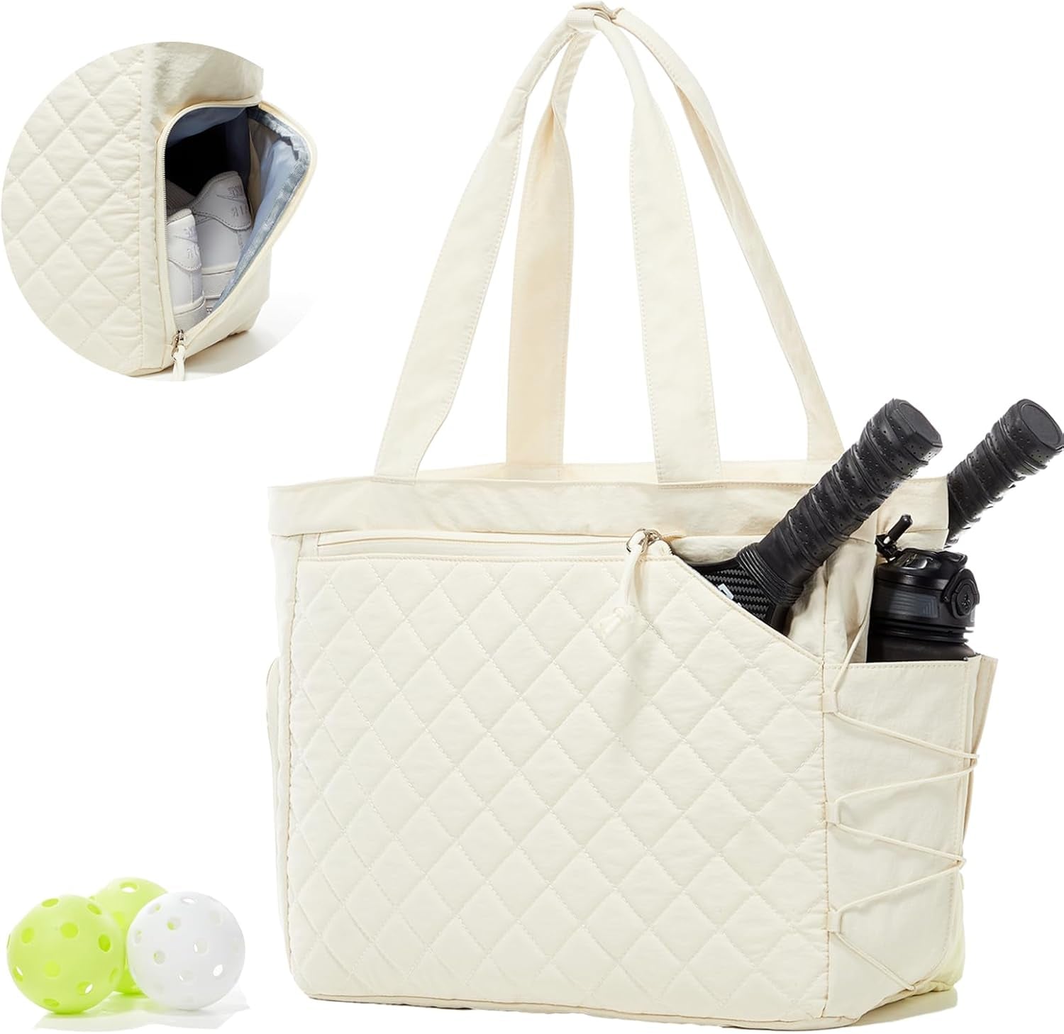 Pickleball Bag Fits 2 to 6 Paddles, Quilted Pickle Ball Tote Bags for Women and Men with Shoe Compartment and Fence Hook, Great Pickleball Gifts