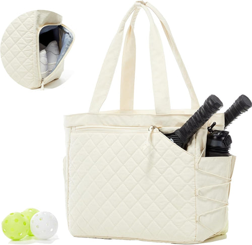 Pickleball Bag Fits 2 to 6 Paddles, Quilted Pickle Ball Tote Bags for Women and Men with Shoe Compartment and Fence Hook, Great Pickleball Gifts
