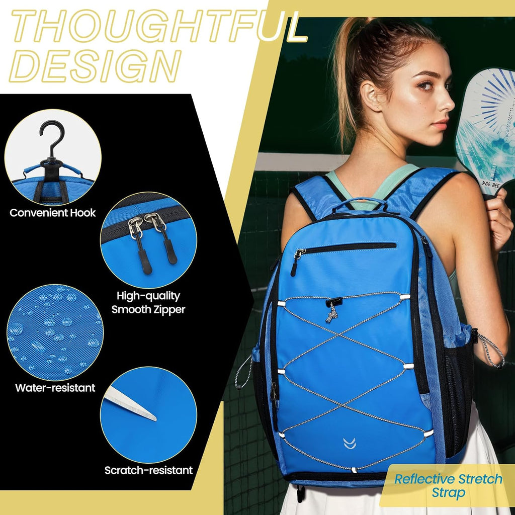 Pickleball Bag Pickleball Backpack for Women & Men School Backpack for Teens Bookbag for College Student with Fence Hook Laptop Compartment(Blue)