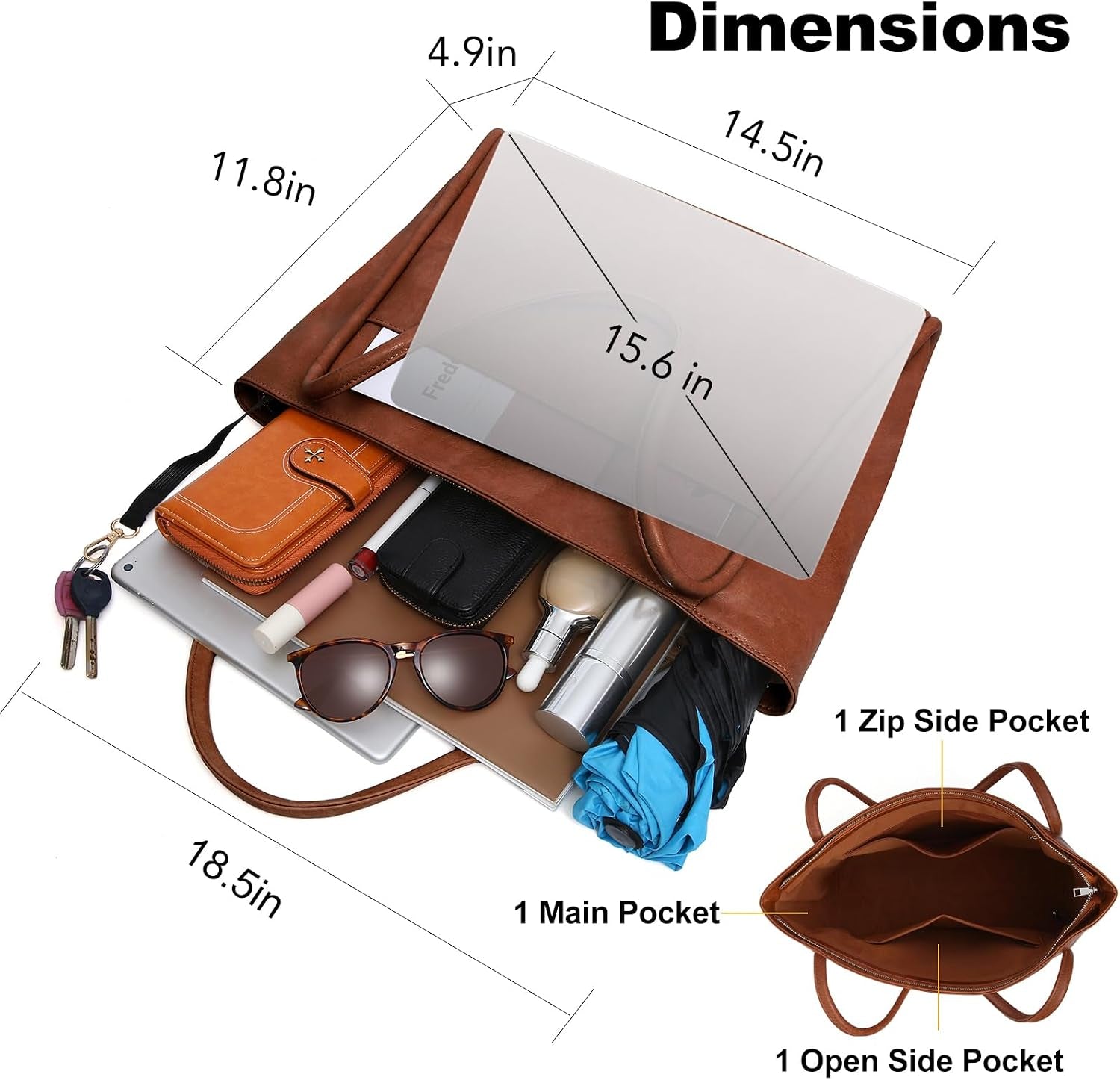 Vegan Leather Tote Bag for Women Large Purse for Work Lady Handbag | Fits 15.6Inch Laptop ,Zipper, Multi Pockets,Weekender Bag with Key Clip ,Inner Pockets, for Commute Daily, Travel