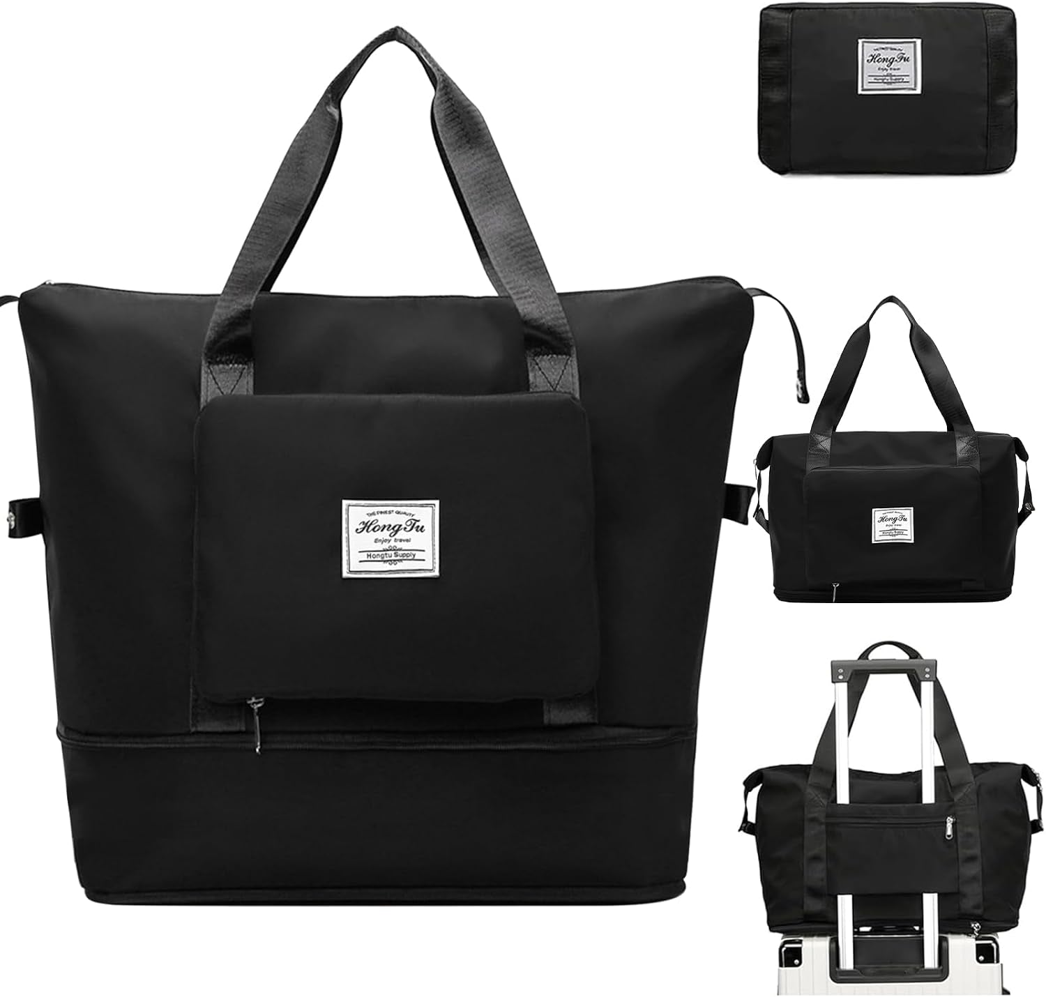 Travel Bag for Women Expandable Weekender Overnight Bag Carry on Sports Tote Gym Bag Waterproof Foldable Duffel Bag (Black)