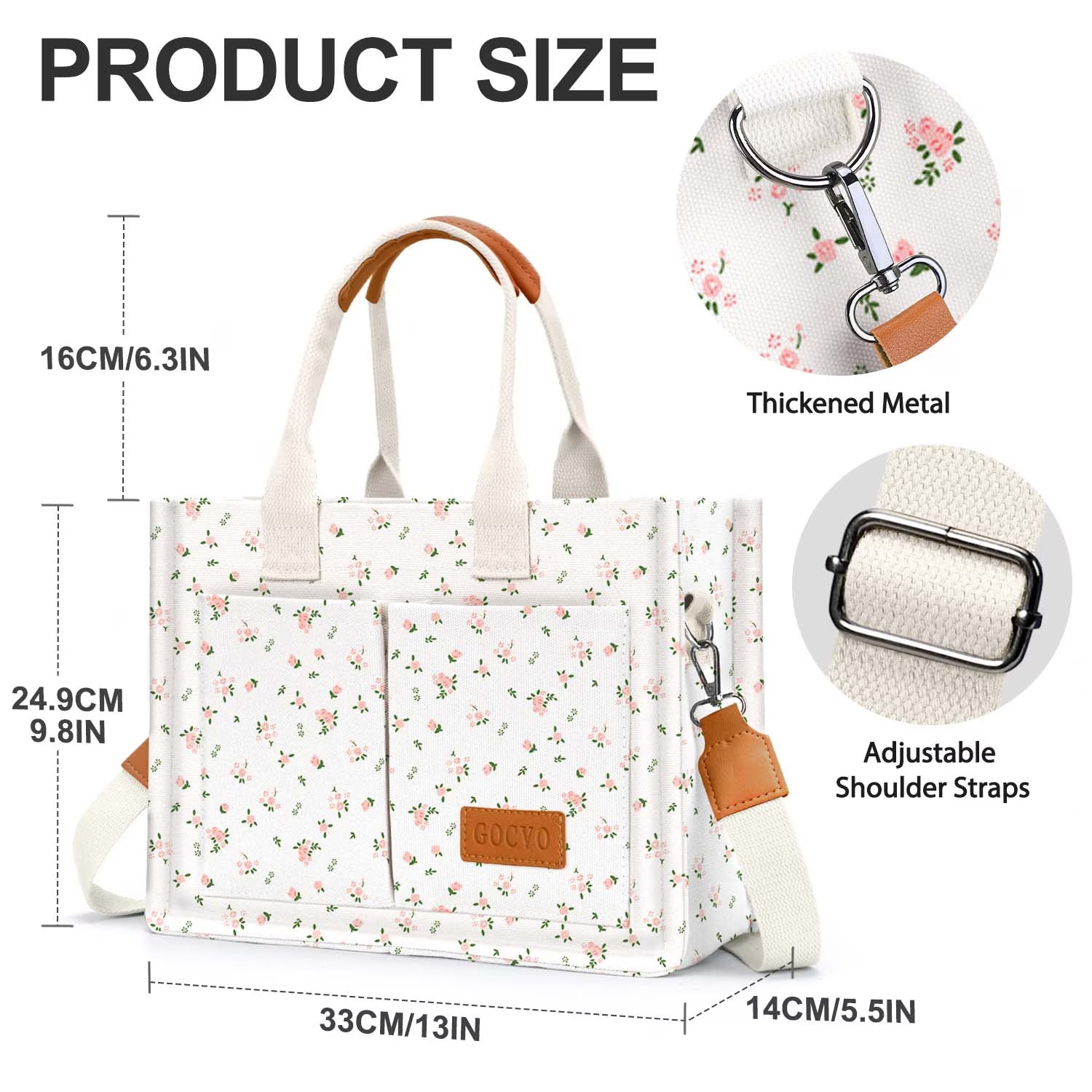 Canvas Tote Bag for Women, Large Multi-Pocket Shoulder Handbag, Crossbody Messenger Bag, Pink Flower