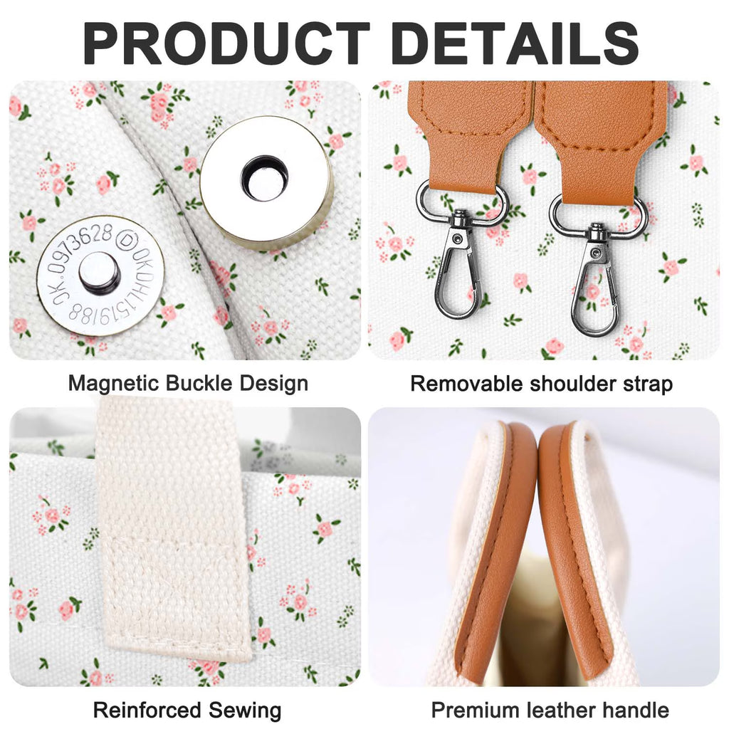 Canvas Tote Bag for Women, Large Multi-Pocket Shoulder Handbag, Crossbody Messenger Bag, Pink Flower