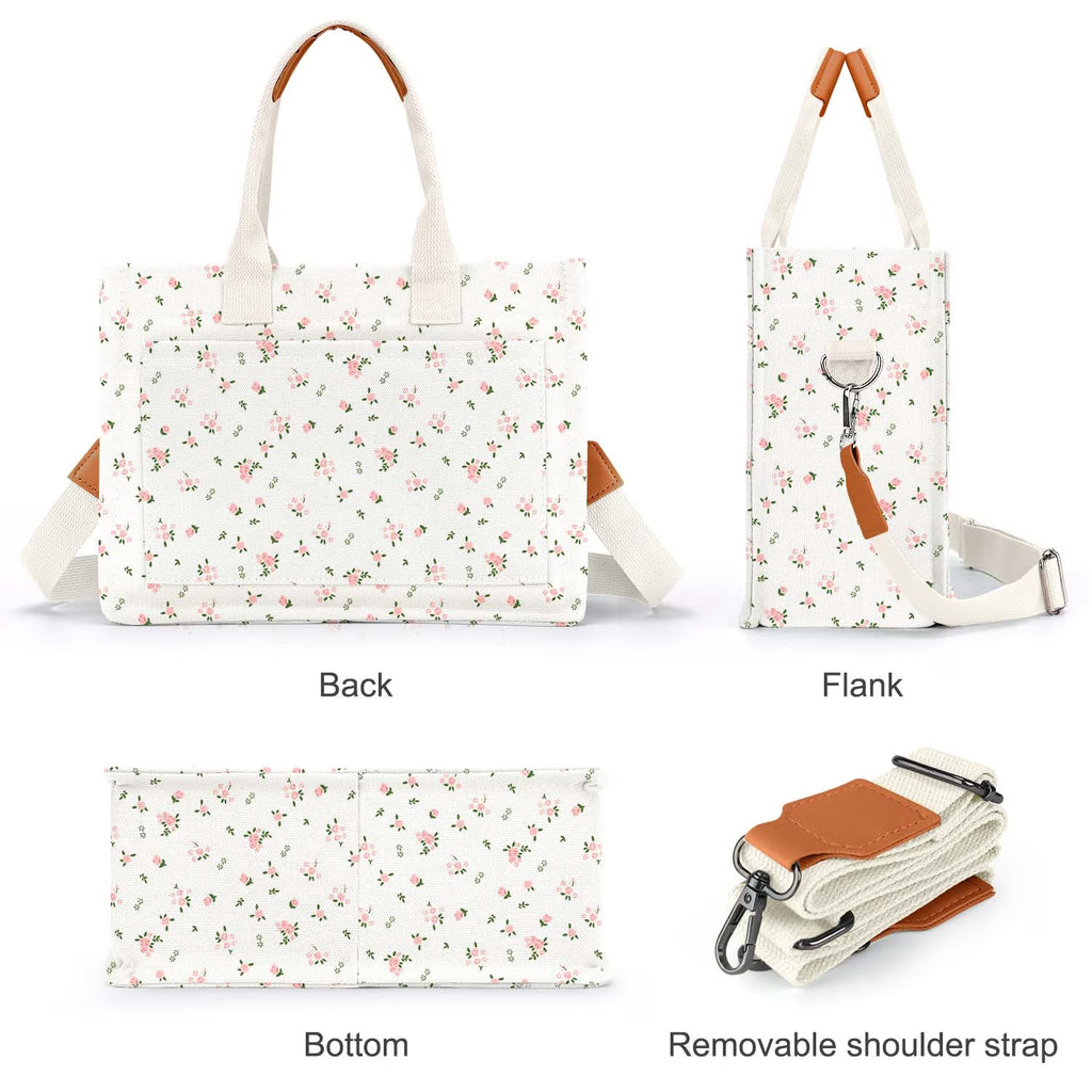 Canvas Tote Bag for Women, Large Multi-Pocket Shoulder Handbag, Crossbody Messenger Bag, Pink Flower