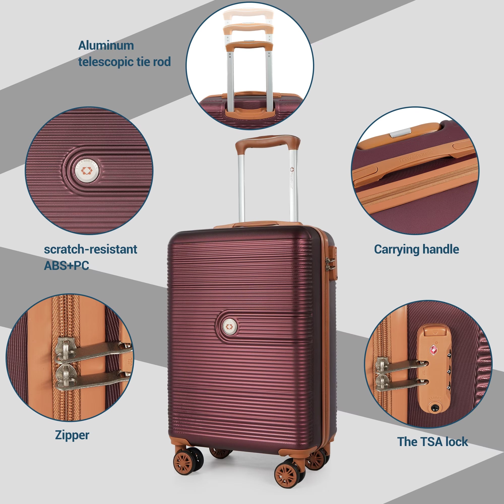 3-Piece Hardside Spinner Carry on Luggage Set with TSA Lock and Travel Bag, Wine Red