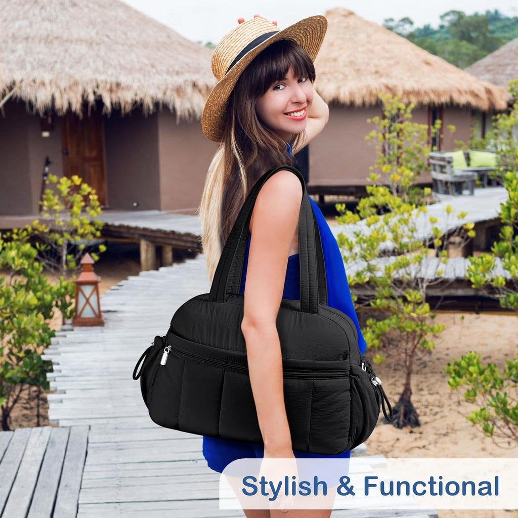 Travel Duffel Bag for Women, Puffer Gym Bag Sports Tote with Wet Pocket, Carry on Weekender with Luggage Sleeve (Black)
